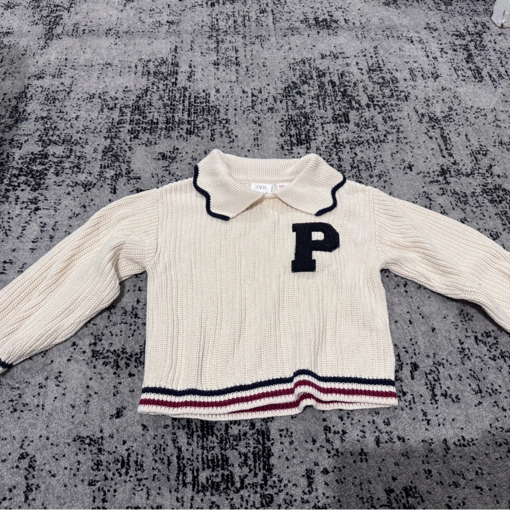 Zara Cream Knit Sweater with Navy & Burgundy Trim and 'P' Patch